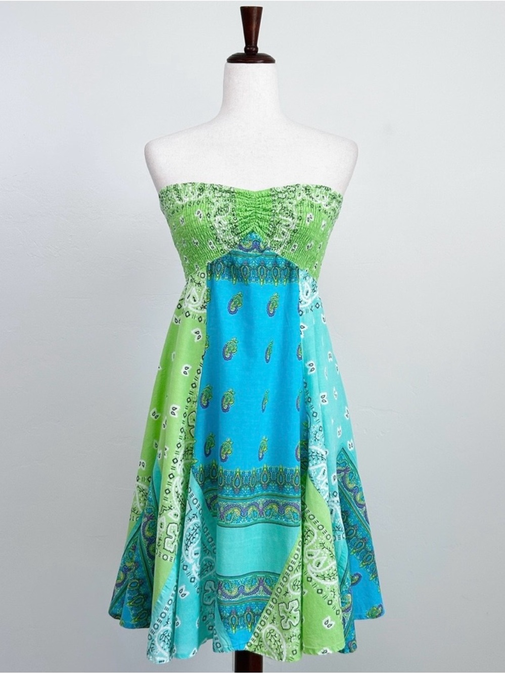 Peppermint Bay Vintage Patchwork Bandana Strapless Smocked Cotton Mini Dress MED